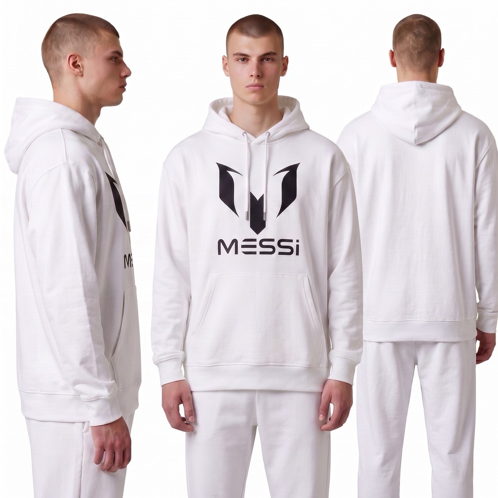 Messi Men's Big Logo Fleece Pullover Sweatshirt Hoodie Size L White Wingstar